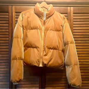 Gold Fabletics wander velour cropped puffer jacket with shiny finish